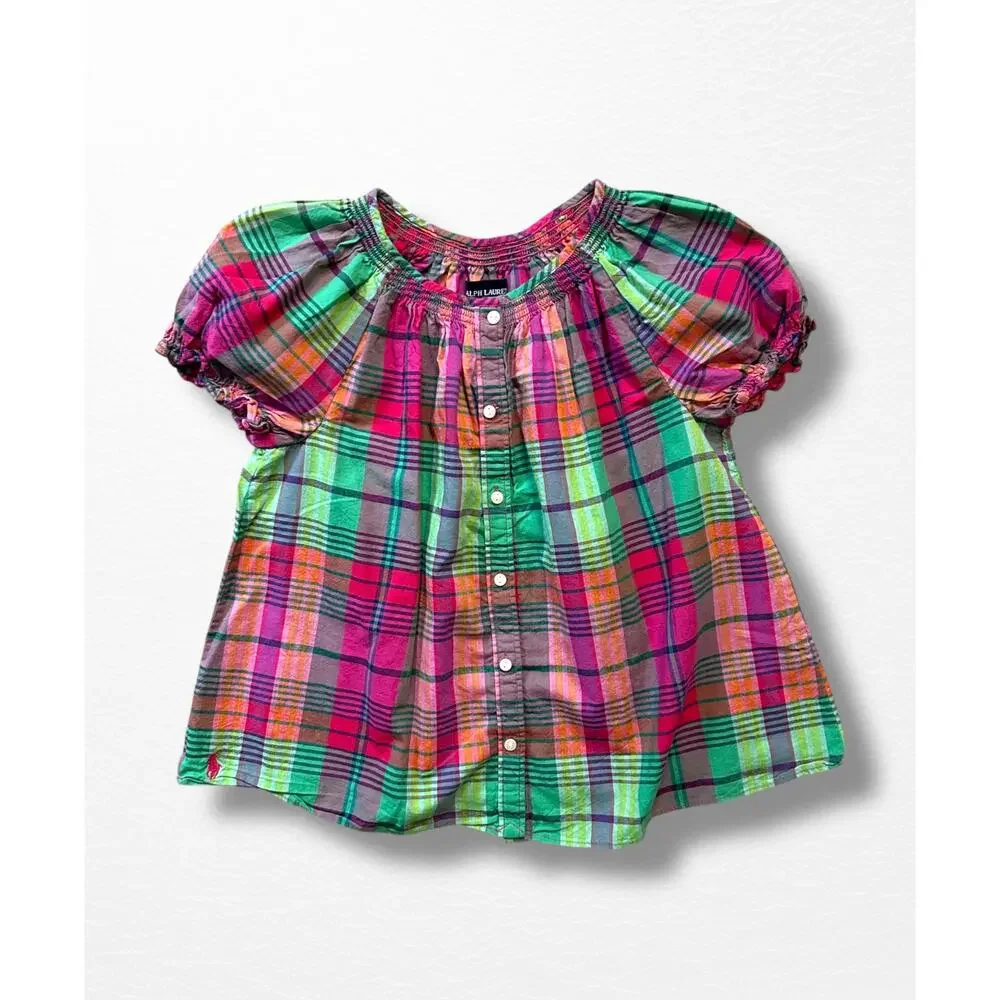 Ralph Lauren Girls’ Madras Plaid Blouse, Size 7
